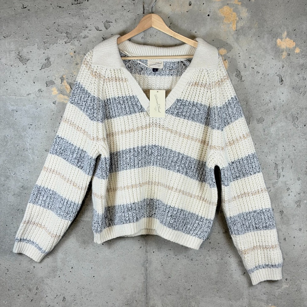 Universal Thread Sweater Womens 2XL Cream Blue Striped Chunky Knit Polo Collar
